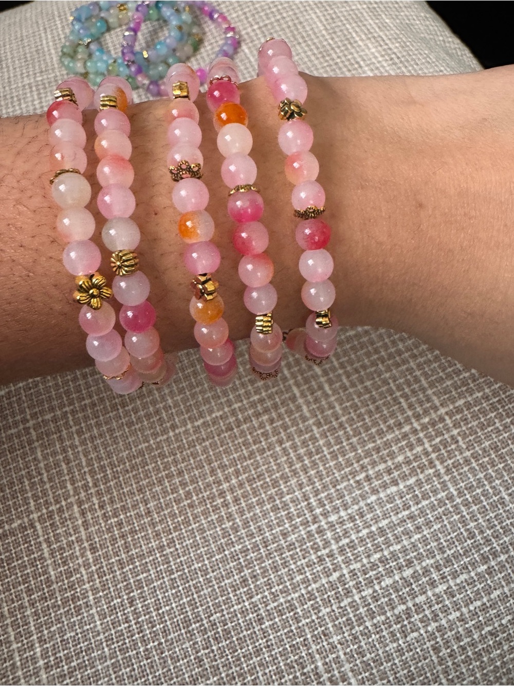 Handmade Pink Beaded Stretch Bracelet with Gold Accents 1 piece